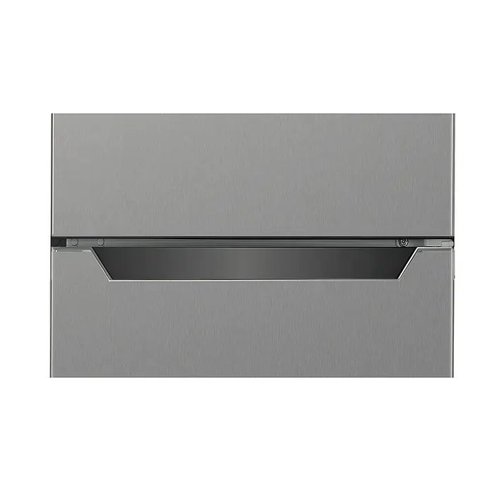 Respekta Kühl-Gefrierkombination Gotland - 55 x 54 x 176 cm, Inox Look, Nutzinhalt Gesamt: 262 l - Detailaufnahme eines modernen Kühlschranks mit Griff. Das Edelstahl-Finish verleiht ihm ein elegantes Aussehen.