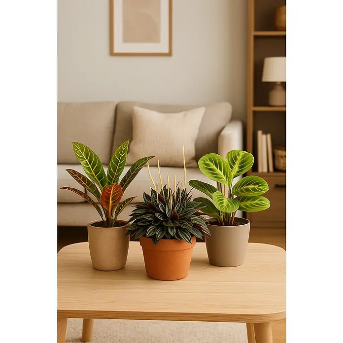 Piardino Zimmerpflanzen-Set - Blattschmuck Mix - 3 tlg., Codiaeum variegatum 'Sunny Star', Peperomia caperata 'Lilian', Maranta leuconeura 'Fascinator Tricolor' - Drei Zimmerpflanzen in Töpfen auf einem Tisch.