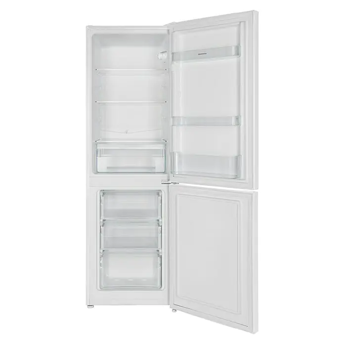 Respekta Kühl-Gefrierkombination Savo - 49,5 x 47,4 x 144 cm, Weiß, Nutzinhalt Gesamt: 157 l - Aufnahme eines freistehenden weißen Kühl- und Gefrierschranks mit geöffneten Türen, der seine Innenfächer zeigt.