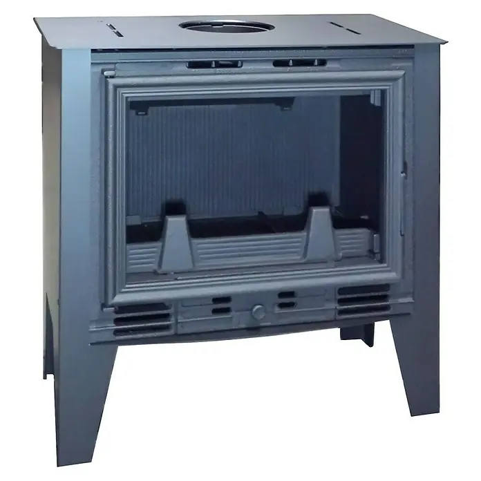 Invicta Estufa de leña Siena - 8 kW, Volumen de calefacción: 240 m³, sin ventilador, Antracita - Imagen de una estufa de leña de hierro fundido vacía, lista para brindar una cálida elegancia a la habitación sin la madera ni el fuego.