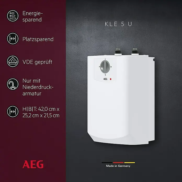 AEG Warmwasserspeicher KLE 5 U - 5 l, 2 kW, Niederdruck, Untertischmontage - Abbildung eines AEG KLE 5 U Warmwasserbereiters. Das Gerät ist weiß und kompakt, ideal für die platzsparende Warmwasserversorgung.