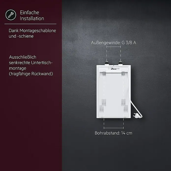 AEG Warmwasserspeicher KLE 5 U - 5 l, 2 kW, Niederdruck, Untertischmontage - Produktansicht: Ein weißes Gerät zur Installation unter dem Tisch mit den Maßen Außengewinde G 3/8 A und Bohrabstand 14 cm.