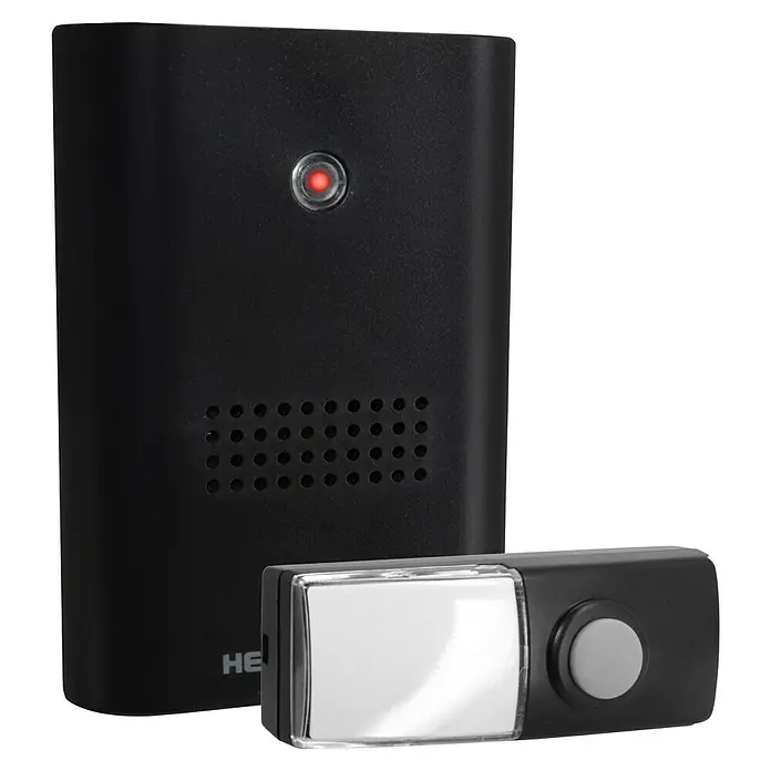Heidemann Funk-Gong-Set HX One - Erweiterbare Klingel - IP55 - Abbildung einer drahtlosen Türklingel mit Taste und Empfänger, modernes Design, LED-Anzeige.