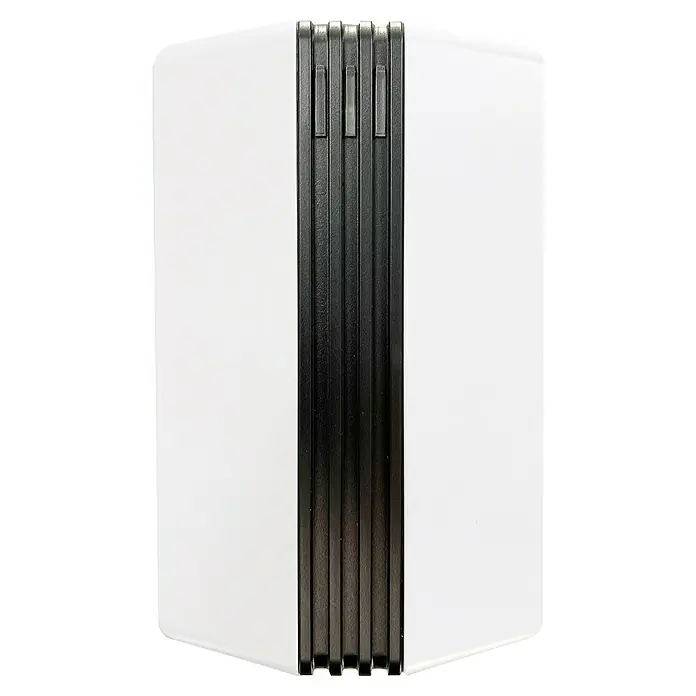 Heidemann 2-Klang-Gong Orion LED - 175 x 105 x 55 mm, 80 dB, Schwarz, Weiß, Kunststoff - Nahaufnahme einer weißen Heizung mit schwarzen vertikalen Lamellen, die ein modernes und effizientes Design zeigt.