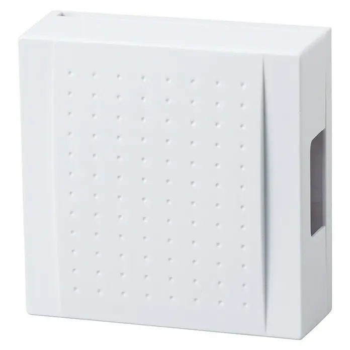 Heidemann 2-Klang-Gong Ceres - 116 x 116 x 40 mm, 83 dB, Reinweiß, Kunststoff - Nahaufnahme eines weißen Türgongs mit einem Muster aus kleinen Punkten auf der Vorderseite.