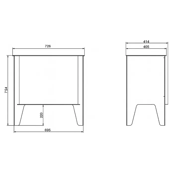 Invicta Estufa de leña Siena - 8 kW, Volumen de calefacción: 240 m³, sin ventilador, Antracita - Dibujo esquemático de un armario con dimensiones 726 x 414 cm en la parte superior, 695 x 405 cm en la parte inferior y una altura de 754 cm, altura de la base 220 cm.