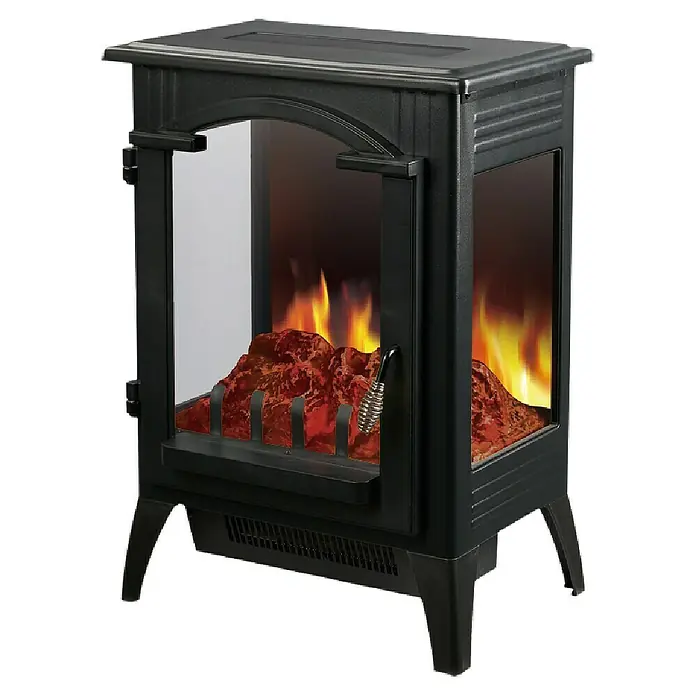 Fulmo Chimenea eléctrica Praga - 2.000 W, Negro, 32 x 42 x 58,8 cm - Primer plano de una estufa de chimenea eléctrica con llamas simuladas y un efecto realista de fuego de leña.