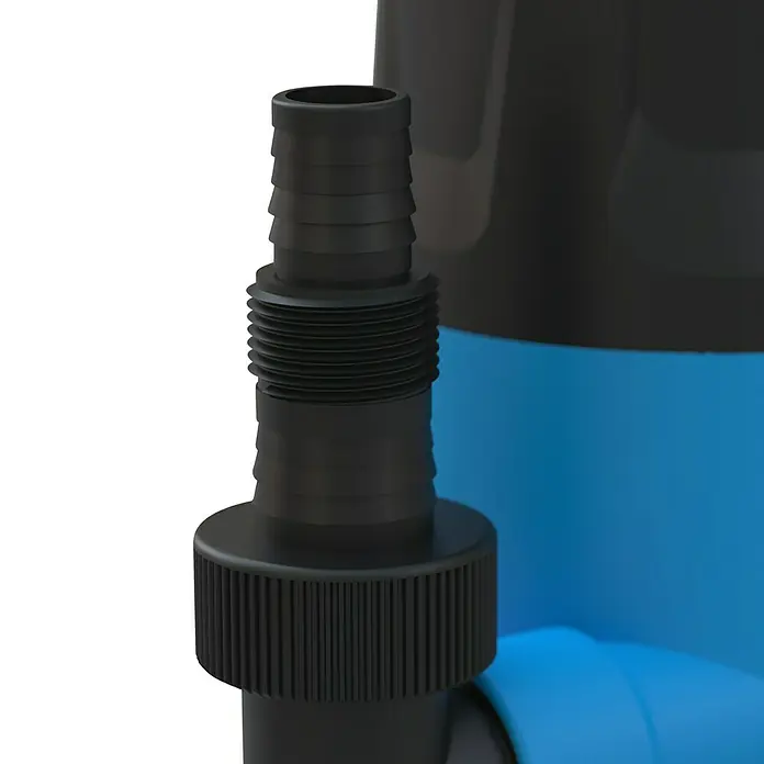 Güde Schmutzwasserpumpe GS 4002 P - 400 W, Max. Fördermenge: 7.500 l/h - Nahaufnahme eines blauen Wasserpumpenanschlusses mit schwarzem Anschlussstück.