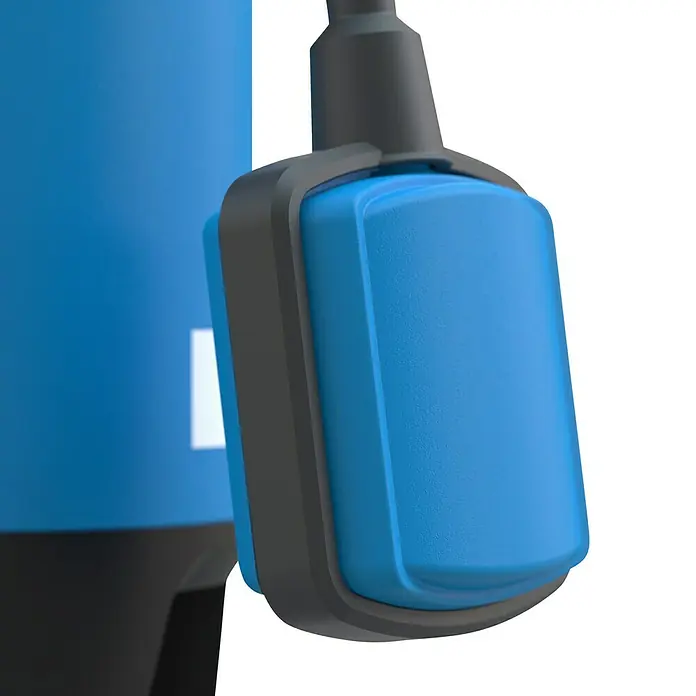 Güde Schmutzwasserpumpe GS 4002 P - 400 W, Max. Fördermenge: 7.500 l/h - Nahaufnahme eines blauen Schwimmerschalters mit grauem Gehäuse, der an einem Kabel befestigt ist.