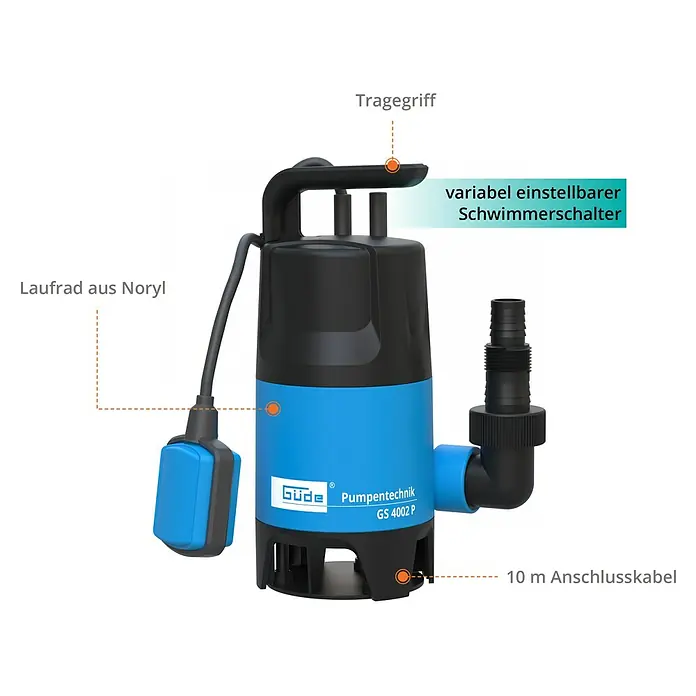 Güde Schmutzwasserpumpe GS 4002 P - 400 W, Max. Fördermenge: 7.500 l/h - Abgebildet ist eine Güde Schmutzwasserpumpe GS 4002 P mit Tragegriff, variablem Schwimmerschalter und 10 m Anschlusskabel.