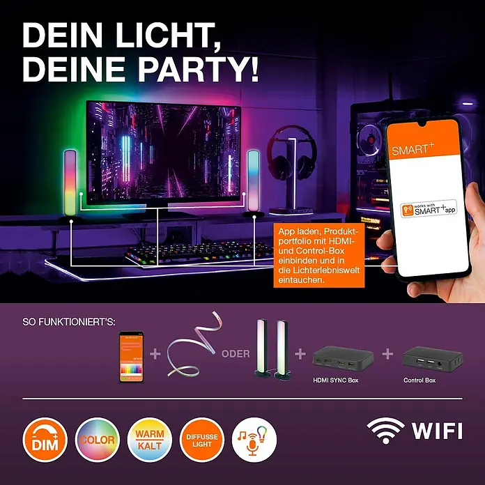 Osram Smart+ LED-Band Flex - Länge: 300 cm, Lichtfarbe: RGB, 15 W, 220 V - 240 V - Intelligente Beleuchtung für Gaming und Party. Die Smart+ App steuert RGB-Farben, Dimmfunktion und HDMI Sync für ein immersives Erlebnis.