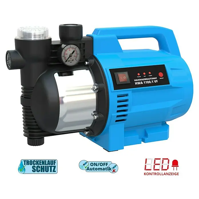 Güde Hauswasserautomat HWA 1100.1 VF mit Wasserfilter - 1.100 W, Max. Fördermenge: 4.600 l/h, Max. Druck: 4,6 bar - Das Bild zeigt eine blaue Hauswasserpumpe HWA 1100.1 VF mit Druckanzeige und Trockenlaufschutz.