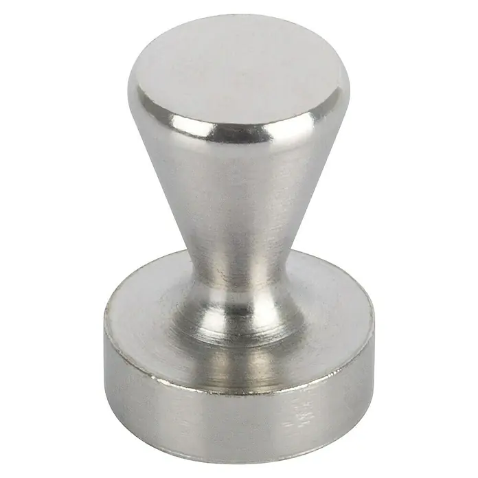 Fix-o-moll Magnet Neodym - Rund, L x B x H: 15 x 15 x 21 mm - Nahaufnahme eines silbernen Möbelknopfes, der ein elegantes und schlichtes Design aufweist. Ideal für Schubladen und Schränke.