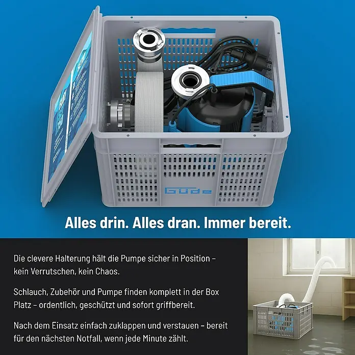 Güde Schmutzwasserpumpe Flut-Set 750 - 1.100 W, Max. Fördermenge: 20.000 l/h - Die Güde-Box enthält eine Pumpe, Zubehör und Schlauch, alles ordentlich verstaut und sofort einsatzbereit für Notfälle.