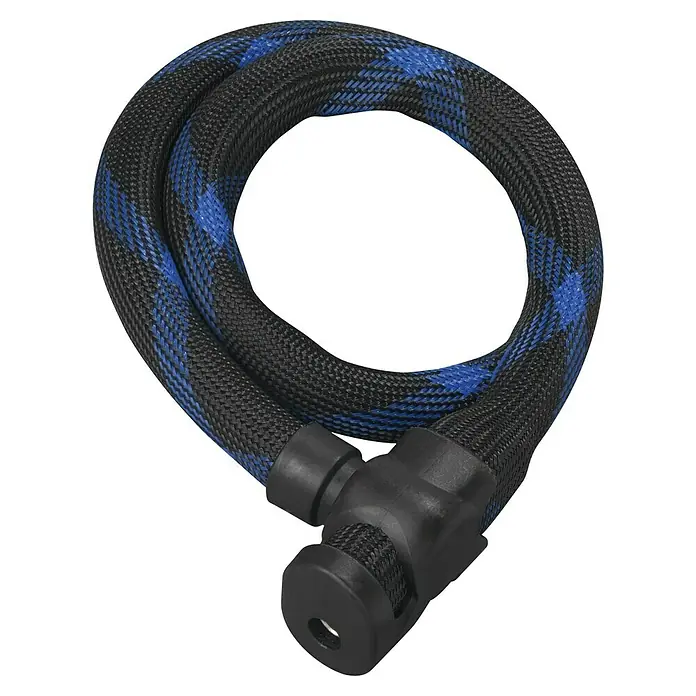 Abus Kabelschloss IVERA Cable 7220 - Länge: 85 cm - Das Bild zeigt ein geflochtenes Fahrradschloss mit blauem Muster und schwarzem Zylinderverschluss vor einem schwarzen Hintergrund.