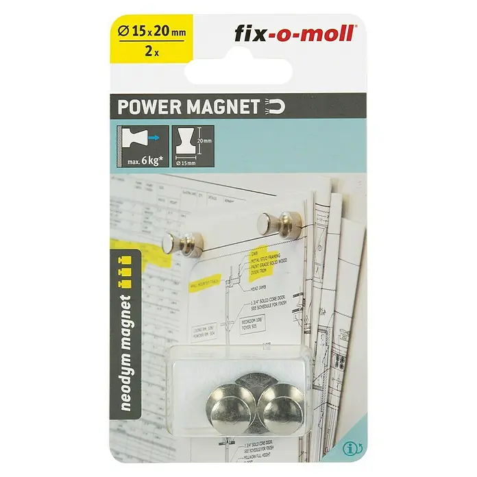 Fix-o-moll Magnet Neodym - Rund, L x B x H: 15 x 15 x 21 mm - Ein Paket Fix-o-moll Power-Magnete mit Neodym, ideal zum Aufhängen von Notizen und Plänen. Stark, zuverlässig und einfach zu verwenden.