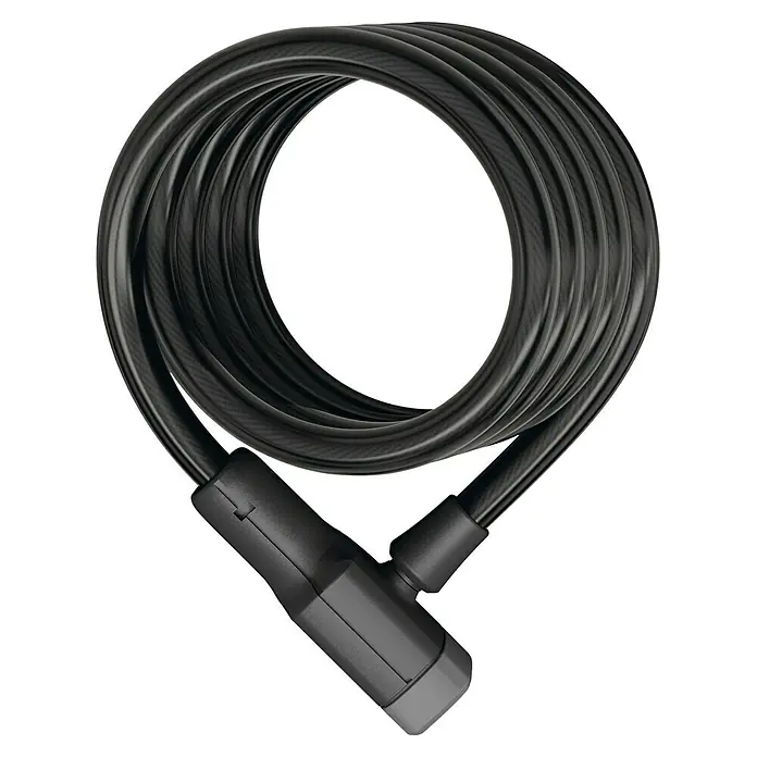 Abus Spiralkabelschloss Booster 6512K - Länge: 180 cm - Das Bild zeigt ein spiralförmiges Kabelschloss in Schwarz. Es ist ein robustes Fahrradschloss, das Sicherheit vor Diebstahl bietet.