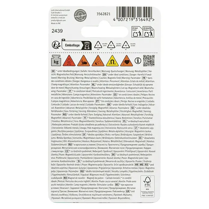 Fix-o-moll Magnet Neodym - Rund, L x B x H: 15 x 15 x 21 mm - Produktverpackung mit Warnhinweisen zu Gefahren wie Verschlucken, Quetschungen, Metallsplitter, Magnetfeld und Herzschrittmacher.