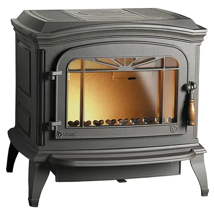 Invicta Estufa de leña Bradford - 9 kW, Volumen de calefacción: 270 m³, Antracita - Esta estufa de leña de hierro fundido Invicta ofrece un diseño clásico y un calor eficiente para su hogar. La estufa cuenta con una puerta de vidrio.