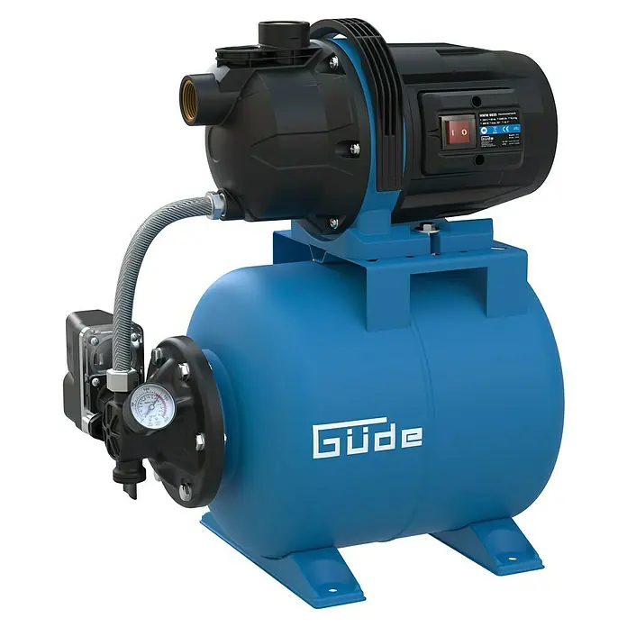 Güde Hauswasserwerk HWW 6035 - 600 W, Max. Fördermenge: 3.200 l/h, Max. Druck: 3,5 bar - Abbildung einer Güde Hauswasseranlage HWW 6835 mit blauem Tank und schwarzem Motor für die Wasserversorgung im Haus und Garten.