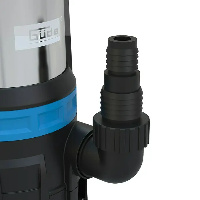 Güde Schmutzwasserpumpe Kombipumpe GS 750.1 - 750 W, Max. Fördermenge: 16.500 l/h - Nahaufnahme einer Güde-Pumpe mit blauem Akzent und schwarzem Schlauchanschluss, ideal für Gartenbewässerung und Entwässerung.