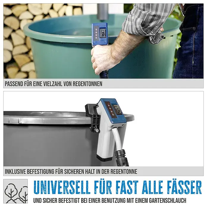 Güde Akku-Regenfasspumpe RFP 12-201-04 - 1 Akku, Max. Fördermenge: 1.500 l/h - Produktbild, das eine Regentonnenpumpe mit Befestigung zeigt, passend für eine Vielzahl von Regentonnen und Fässern.