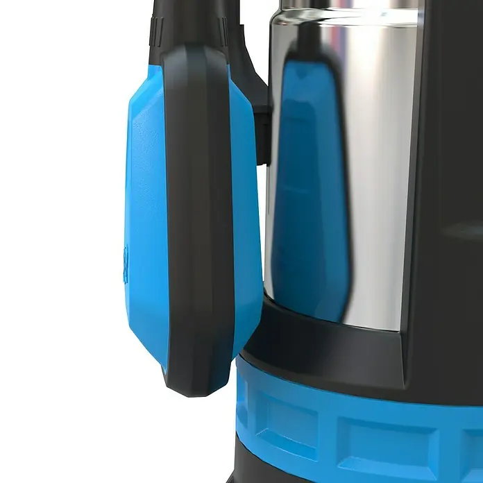 Güde Schmutzwasserpumpe Kombipumpe GS 750.1 - 750 W, Max. Fördermenge: 16.500 l/h - Nahaufnahme einer Tauchpumpe mit blau-schwarzem Gehäuse und Metallelementen. Ideal zur Wasserförderung.