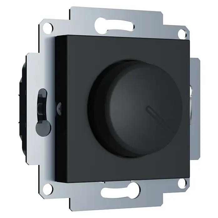 LED-Dimmer Rio - Schwarz Soft Touch - Ein kompakter, schwarzer Dimmer mit Drehknopf und silberner Halterung. Ideal zur Steuerung der Lichtintensität in jedem Raum.