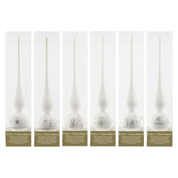 Geroma Christbaumspitze - Höhe: 28 cm, Weiß/Silber - Auswahl an Christbaumspitzen aus Glas mit verschiedenen Mustern. Echter Glasschmuck für den Weihnachtsbaum.
