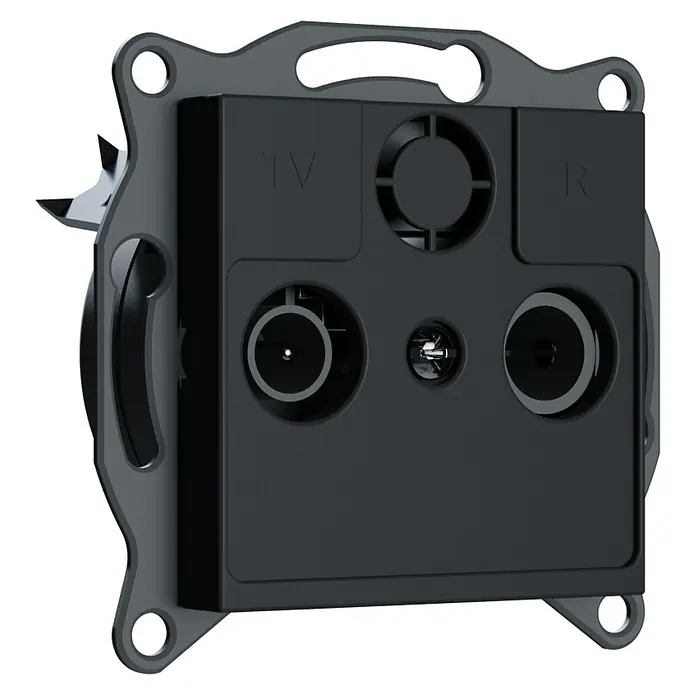 Antennendose Rio durchgehend - Schwarz Soft Touch, Seidenmatt, Kunststoff - Nahaufnahme einer schwarzen TV-Antennensteckdose mit Beschriftungen für TV und Radio, zur Wandmontage.