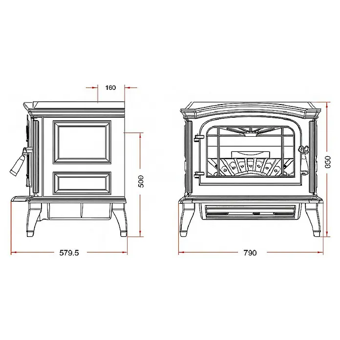 Invicta Estufa de leña Bradford - 9 kW, Volumen de calefacción: 270 m³, Marfil - Vista esquemática de la estufa con dimensiones de altura, anchura y profundidad.