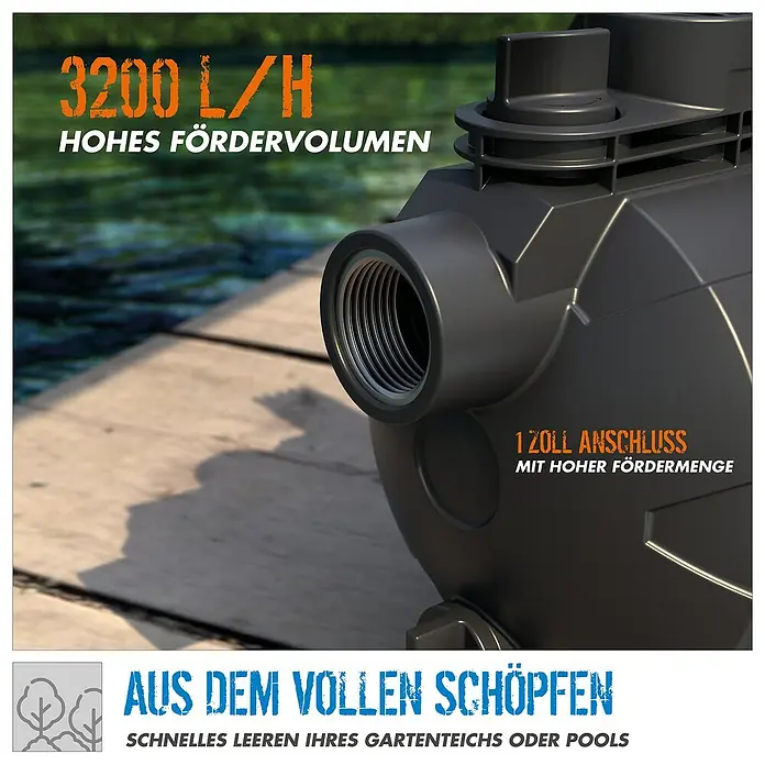 Güde Gartenpumpe GP 6035 - 600 W, Max. Fördermenge: 3.200 l/h - Produktbild einer leistungsstarken Wasserpumpe mit hoher Förderleistung zum Entleeren von Teichen oder Pools.
