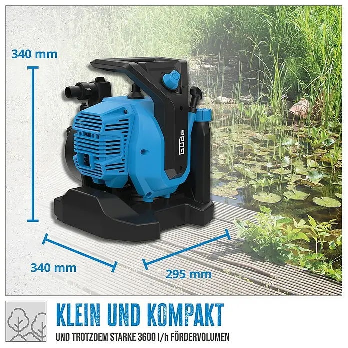 Güde Benzin-Klarwasserpumpe GMP 7.21 - 2 PS, Max. Fördermenge: 7.000 l/h - Abbildung einer blauen und schwarzen Güde-Gartenpumpe mit den Maßen 340 x 340 x 295 mm vor einem Teichhintergrund.