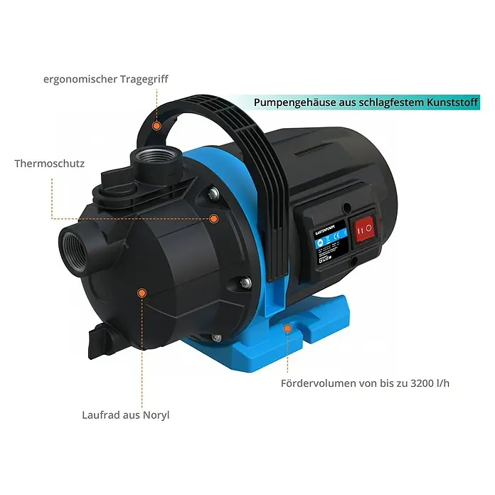 Güde Gartenpumpe GP 6035 - 600 W, Max. Fördermenge: 3.200 l/h - Abbildung einer Gartenpumpe mit ergonomischem Tragegriff, Thermoschutz, Pumpengehäuse aus schlagfestem Kunststoff und Laufrad aus Noryl.