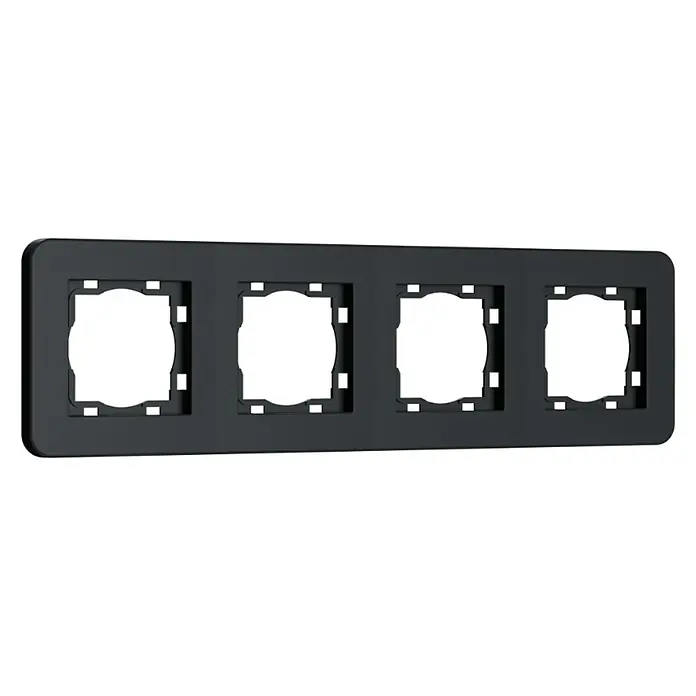 Abdeckrahmen Rio - Schwarz Soft Touch, Ausführung Schalterprogramm: 4-fach, Kunststoff - Nahaufnahme einer vierfach grauen modularen Montageblende für Schalter & Steckdosen, die in Innenräumen verwendet wird.