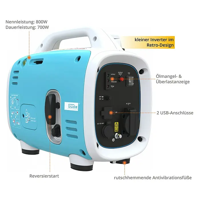 Güde Stromerzeuger 800-1 - 0,8 kW, Tankvolumen: 2,1 l - Produktansicht des Güde Stromerzeugers mit seinen technischen Details, wie Leistung, Anschlüsse und Designmerkmale.