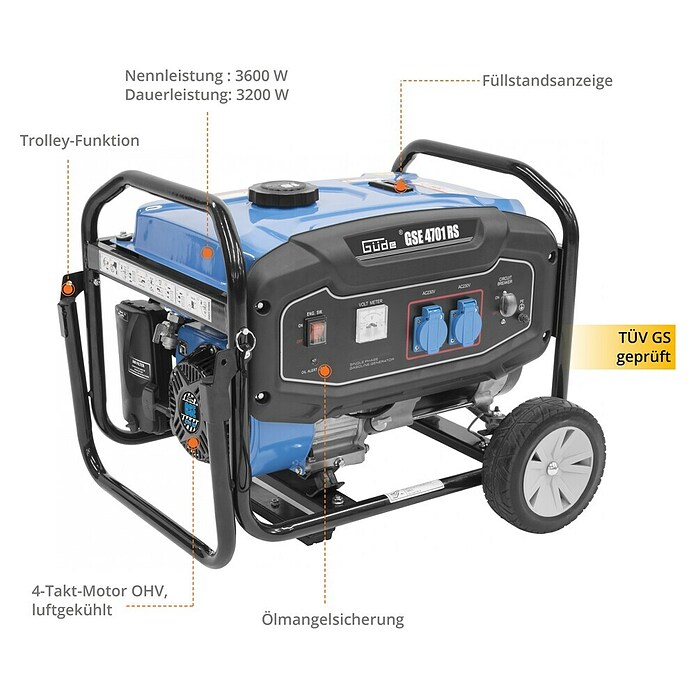 Güde Stromerzeuger GSE 4701 RS (3,6 kW, Verbrauch: 1,25 l/h, Tankvolumen: 15 l) | BAUHAUS