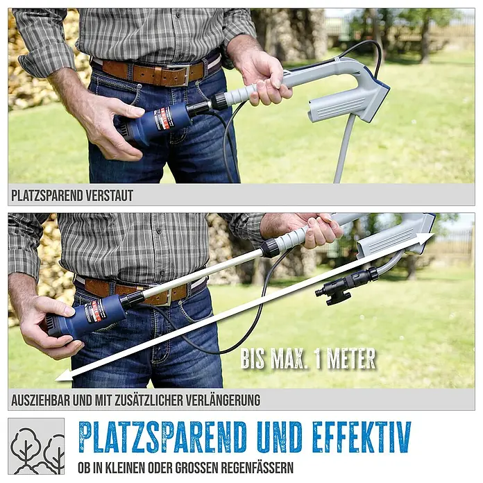 Güde Akku-Regenfasspumpe RFP 12-201-04 - 1 Akku, Max. Fördermenge: 1.500 l/h - Produktbild einer Regenfasspumpe in verschiedenen Konfigurationen, kompakt verstaut und ausgezogen mit Verlängerung.
