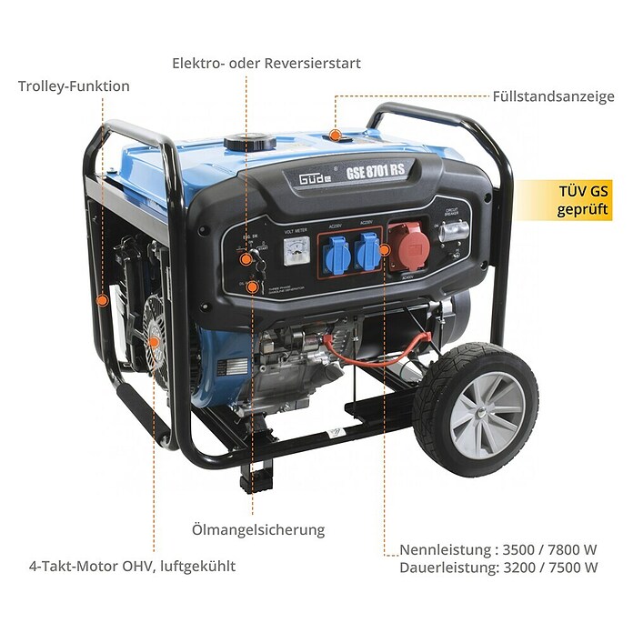 Güde Stromerzeuger GSE 8701 RS (3,5 kW - 7,8 kW, Tankvolumen: 25 l, Verbrauch: 4,2 l/h) | BAUHAUS