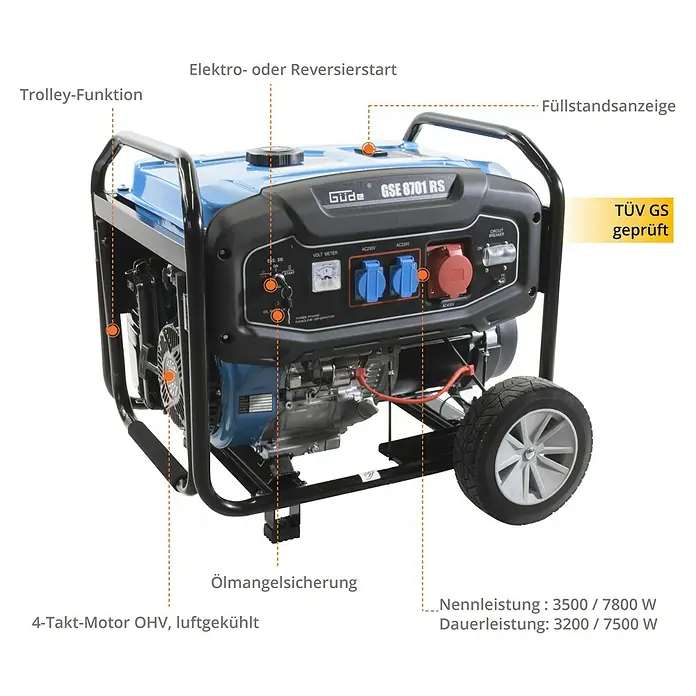 Güde Stromerzeuger GSE 8701 RS - 3,5 kW - 7,8 kW, Tankvolumen: 25 l, Verbrauch: 4,2 l/h - Abbildung eines Güde GSE 8701 RS Stromerzeugers mit Trolley-Funktion, Elektro- oder Reversierstart und Füllstandsanzeige.