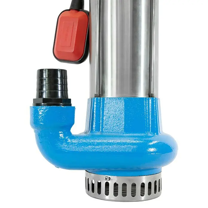 Güde Schmutzwasserpumpe Flut-Set Pro 1100 A - 1.300 W, Max. Fördermenge: 28.000 l/h, Eintauchtiefe: 5 m - Nahaufnahme einer blauen Tauchpumpe mit Edelstahlgehäuse, rotem Schwimmerschalter und schwarzem Schlauchanschluss.