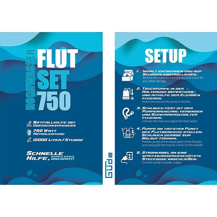 Güde Schmutzwasserpumpe Flut-Set 750 - 1.100 W, Max. Fördermenge: 20.000 l/h - Hochwasser-Set 750: Notfallhilfe bei Überschwemmungen. 750 Watt Motorleistung, 12000 Liter/Stunde. Schnelle Hilfe, wenn's drauf ankommt! Setupanleitung.