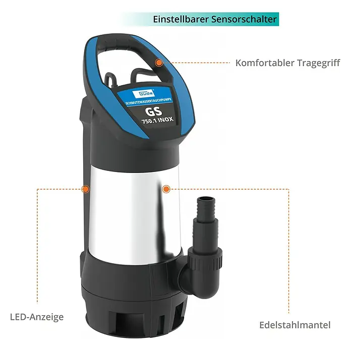 Güde Schmutzwasserpumpe GS 750.1 Inox - 750 W, Max. Fördermenge: 15.000 l/h - Güde GS 750.1 INOX Schmutzwassertauchpumpe mit einstellbarem Sensorschalter, komfortablem Tragegriff, LED-Anzeige und Edelstahlmantel.