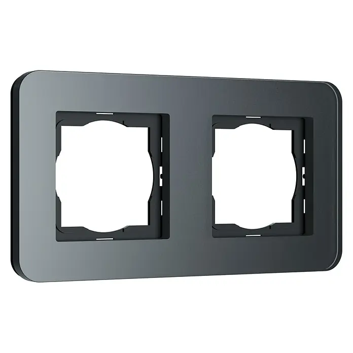 Abdeckrahmen RIO - Schwarz Soft Touch, 2-fach - Nahaufnahme einer schwarzen Doppelsteckdosenabdeckung. Das Produkt ist modern und minimalistisch gestaltet.