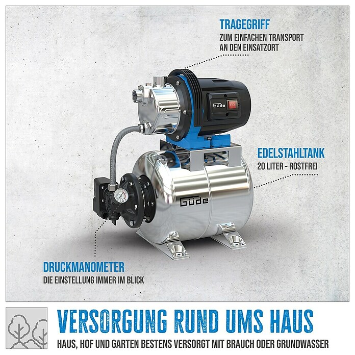 Güde Hauswasserwerk HWW 1000 ES (1 000 W, Max. Fördermenge: 3 800 l/h, Max. Druck: 4,4 bar) | BAUHAUS