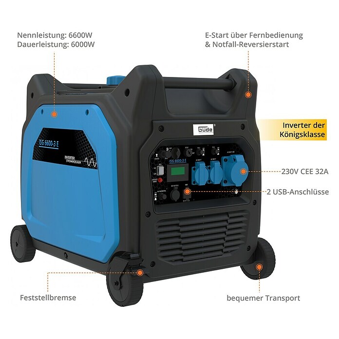 Güde Inverter-Stromerzeuger ISG 6600-3 E (6,6 kW, Tankvolumen: 18,5 l, Verbrauch: 4 l/h) | BAUHAUS