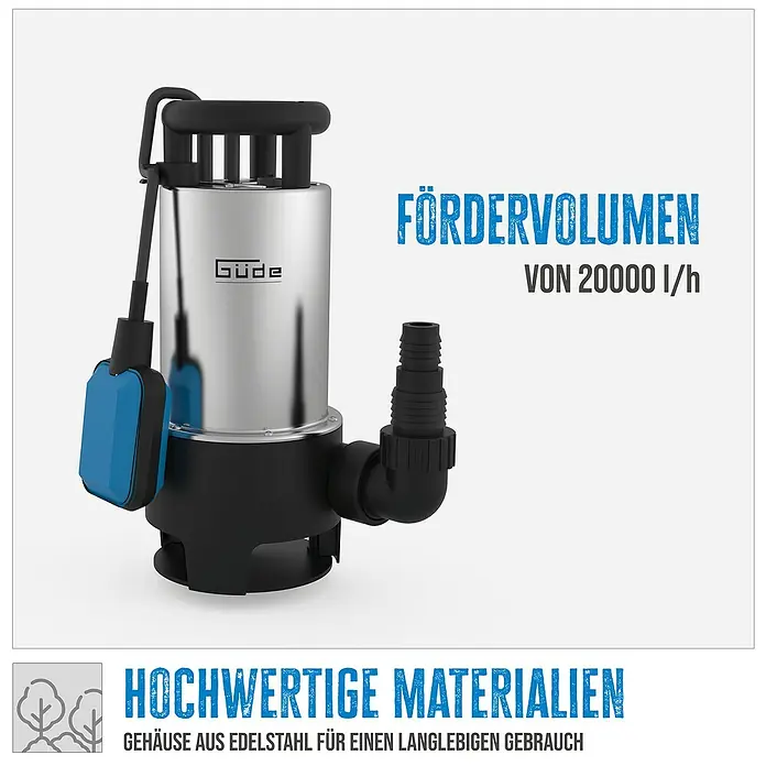 Güde Schmutzwasserpumpe GS 1103 PI - 1.100 W, Max. Fördermenge: 20.000 l/h - Abbildung einer Tauchpumpe von Güde, die eine Förderleistung von 20000 l/h hat und aus hochwertigen Materialien besteht.