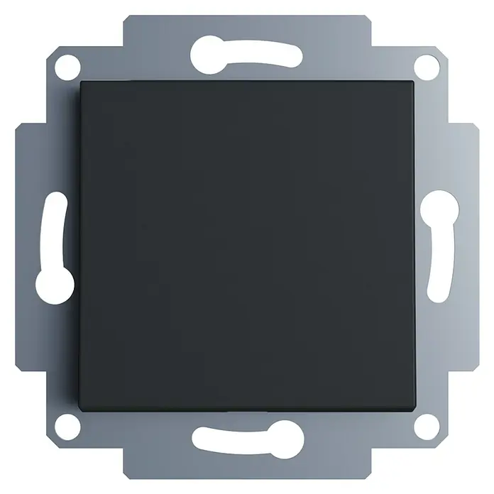 Taster Rio - Schwarz Soft Touch, Seidenmatt, 10 A - Nahaufnahme eines schwarzen JUNG-Lichtschalters mit silberfarbener Einfassung, ideal für moderne Innenräume.