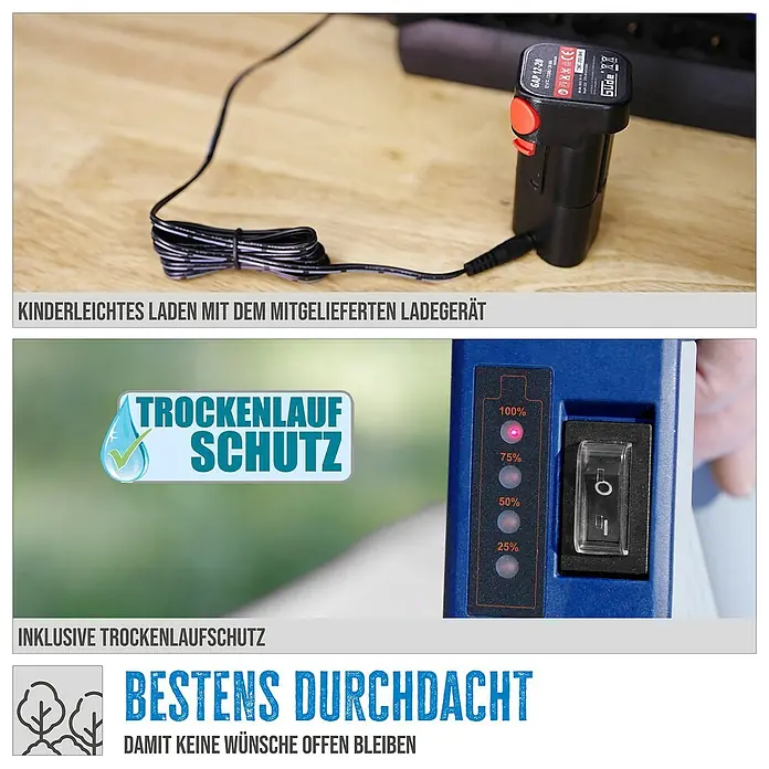 Güde Akku-Regenfasspumpe RFP 12-201-04 - 1 Akku, Max. Fördermenge: 1.500 l/h - Produktabbildung mit Akku, Ladegerät, Trockenlaufschutz und Anzeige des Batteriestands.