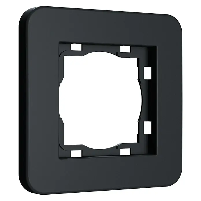 Abdeckrahmen Rio - Schwarz Soft Touch, Ausführung Schalterprogramm: 1-fach, Kunststoff - Nahaufnahme einer schwarzen Wandabdeckplatte für einen Lichtschalter, die ein modernes und minimalistisches Design zeigt.